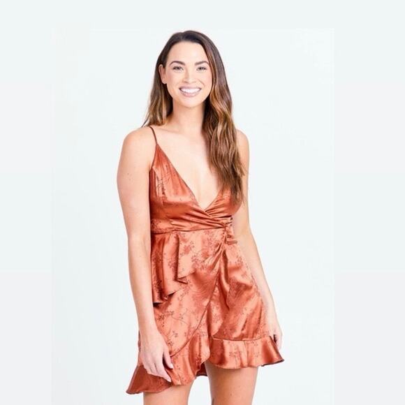 Altar'd State Pink Purple Satin Floral Ruffle Mini Cami Camisole Wrap Dress XS - Picture 2 of 6